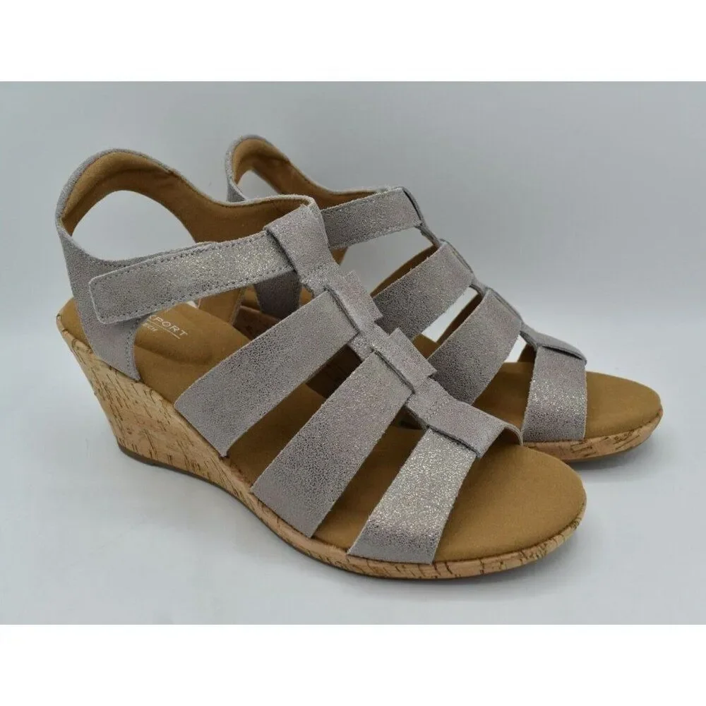 Rockport Women Size 11 Briah New Gladiator Metallic Leather Wedge Sandals Shoes‎